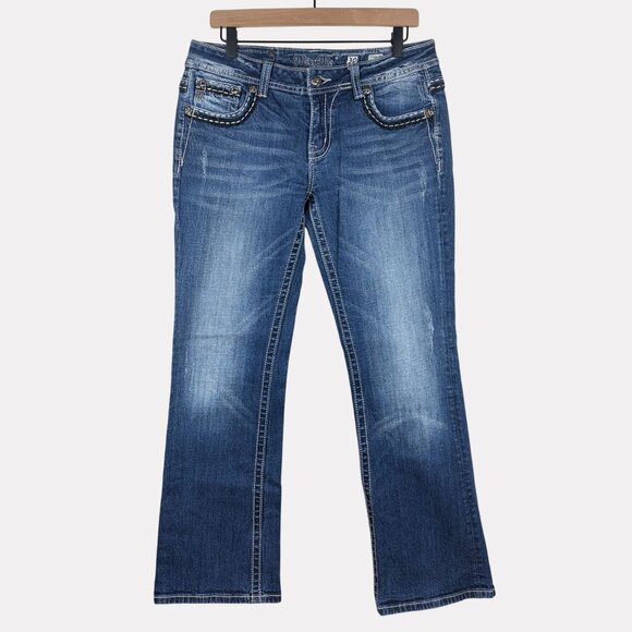 Miss Me Easy Boot Bling Flap Pocket Jeans Womens 30 Medium Wash Blue JE566ZER - Picture 1 of 11